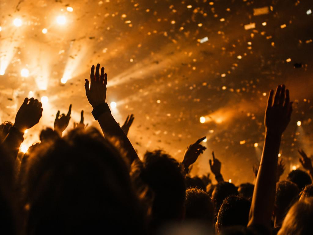 Publiek bij een concert met podiumlichten