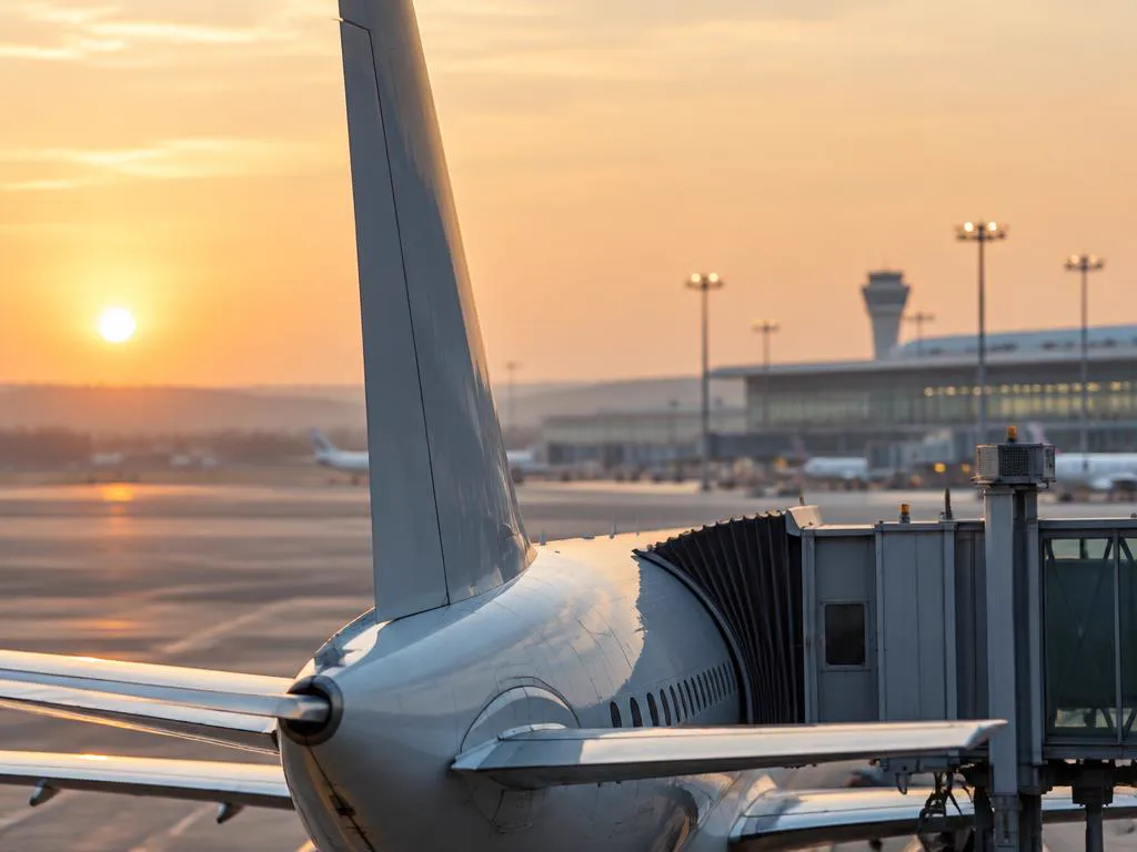 Vliegtuig bij de gate op de luchthaven in ochtendlicht