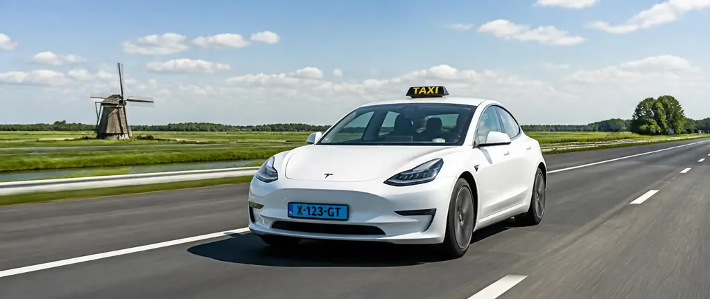 Tesla taxi op een zonnige Nederlandse snelweg door groen landschap