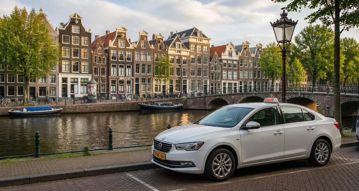 Taxi in Amsterdam langs een gracht met grachtenpanden