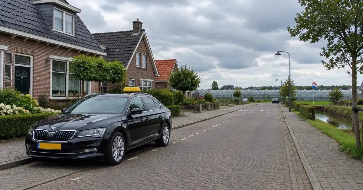Taxi in Bleiswijk in een dorpsstraat met bakstenen huizen