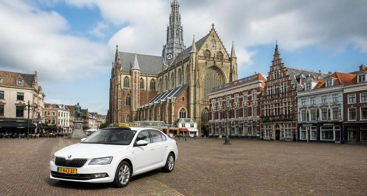 Taxi in Haarlem bij de Grote Markt en de Sint-Bavokerk