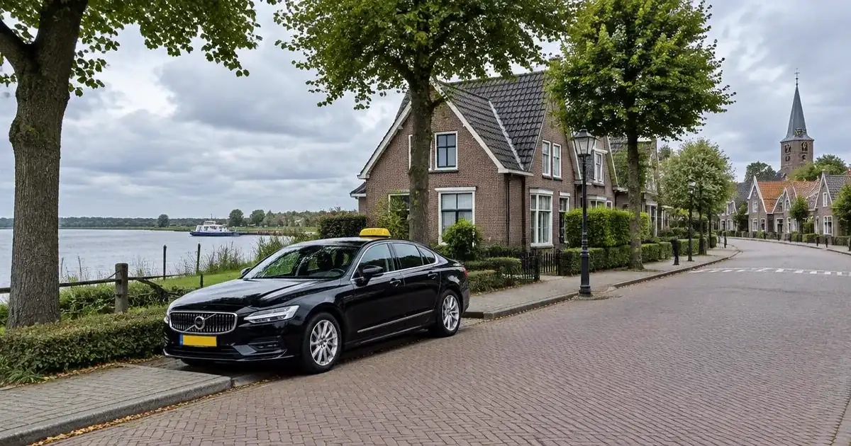 Taxi in Heerjansdam aan het water met bomen langs de straat
