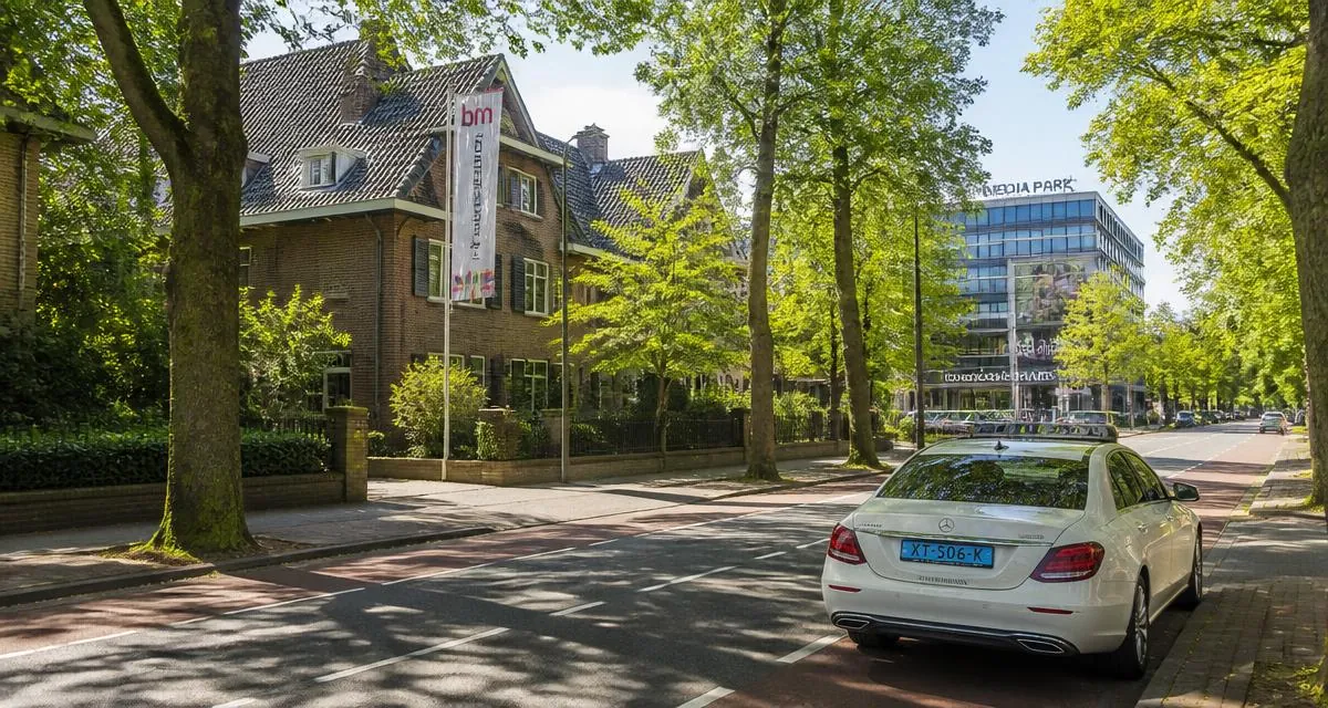 Taxi in Hilversum in een groene laan bij het mediapark