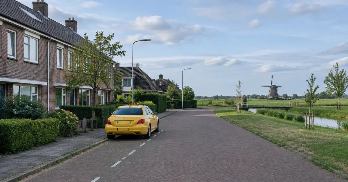 Taxi in Hoogvliet Rotterdam in een woonwijk met een molen in de polder