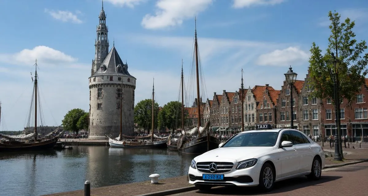 Taxi in Hoorn bij de haven met de Hoofdtoren
