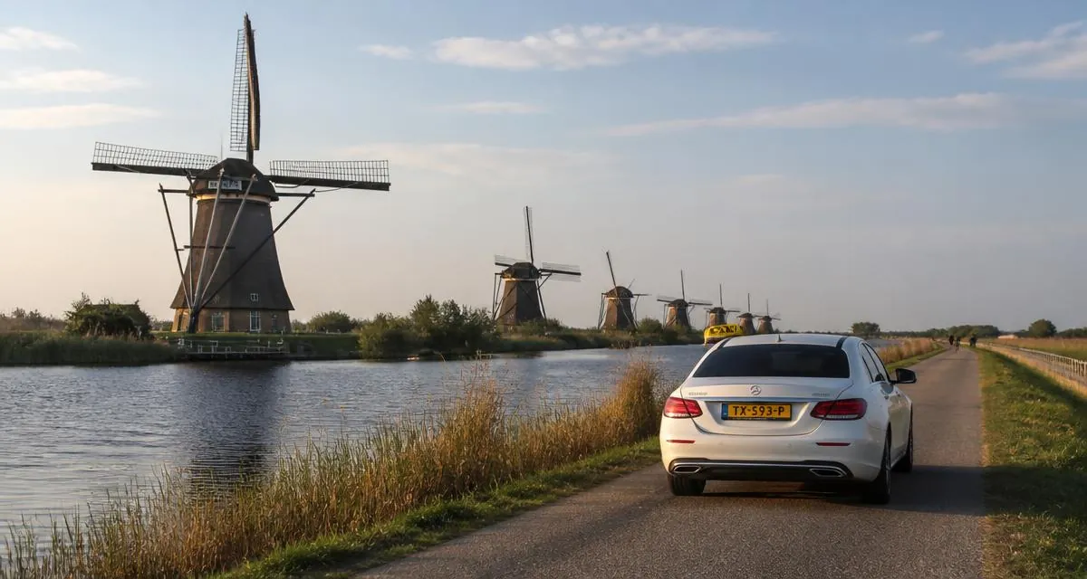 Taxi bij Kinderdijk met de molens langs de dijk