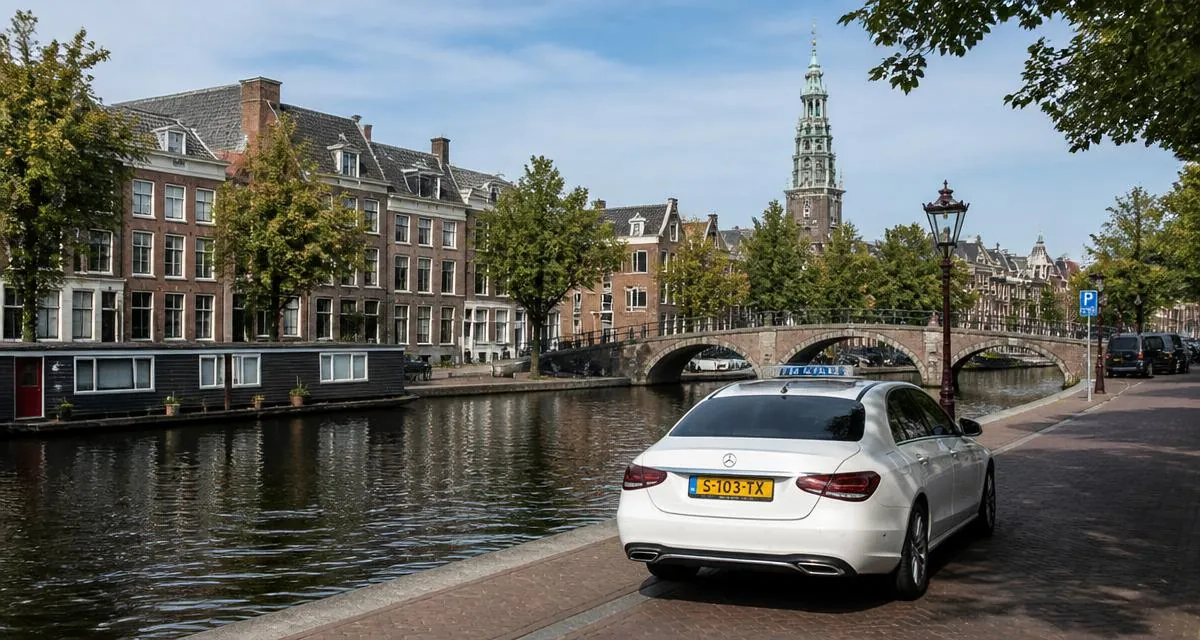 Taxi in Leiden langs een gracht met de Koornbrug