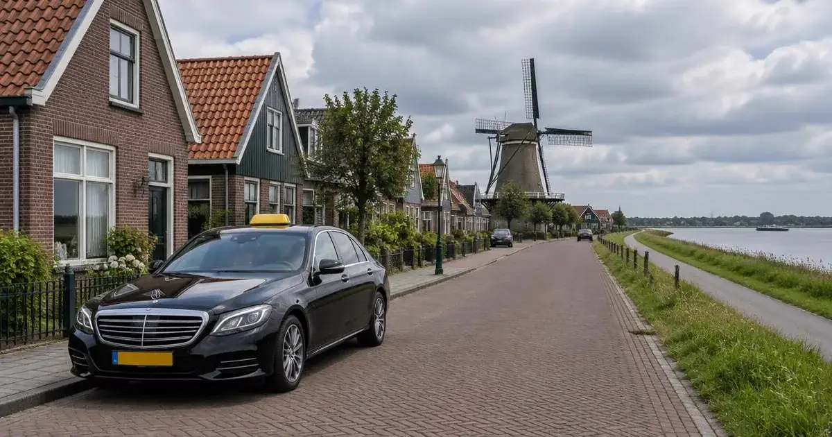 Taxi in Nieuw-Lekkerland aan de dijk met een molen in de verte