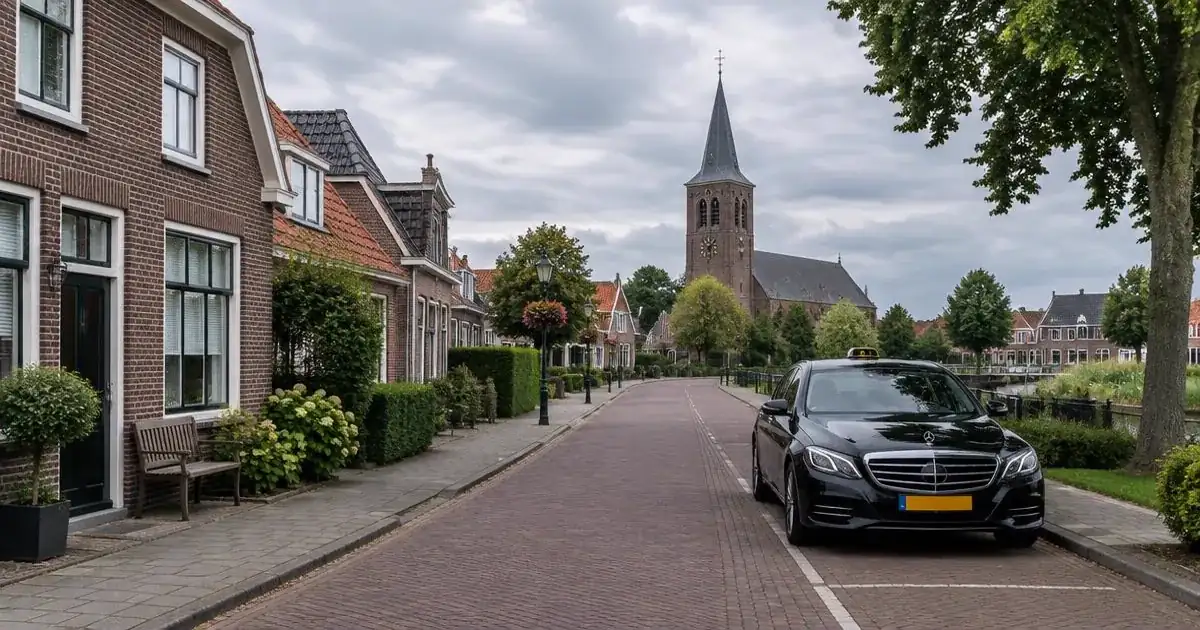 Taxi in Poortugaal in een dorpsstraat met bakstenen huizen