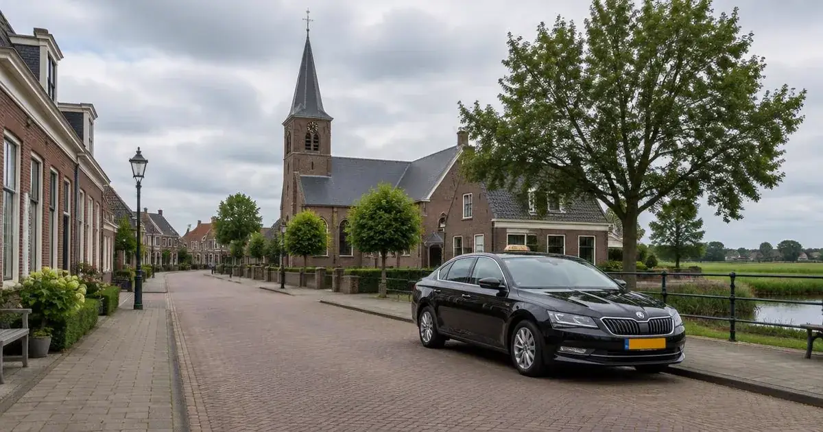 Taxi in Strijen in een dorpsstraat bij de kerk
