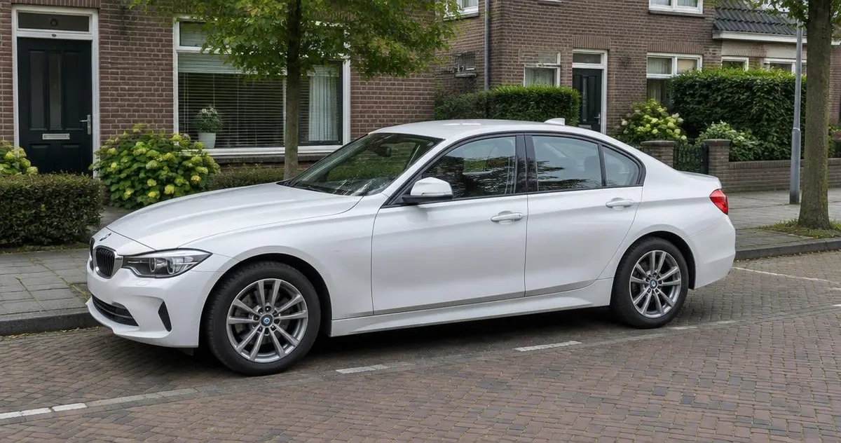Neat white car parked in a quiet residential street