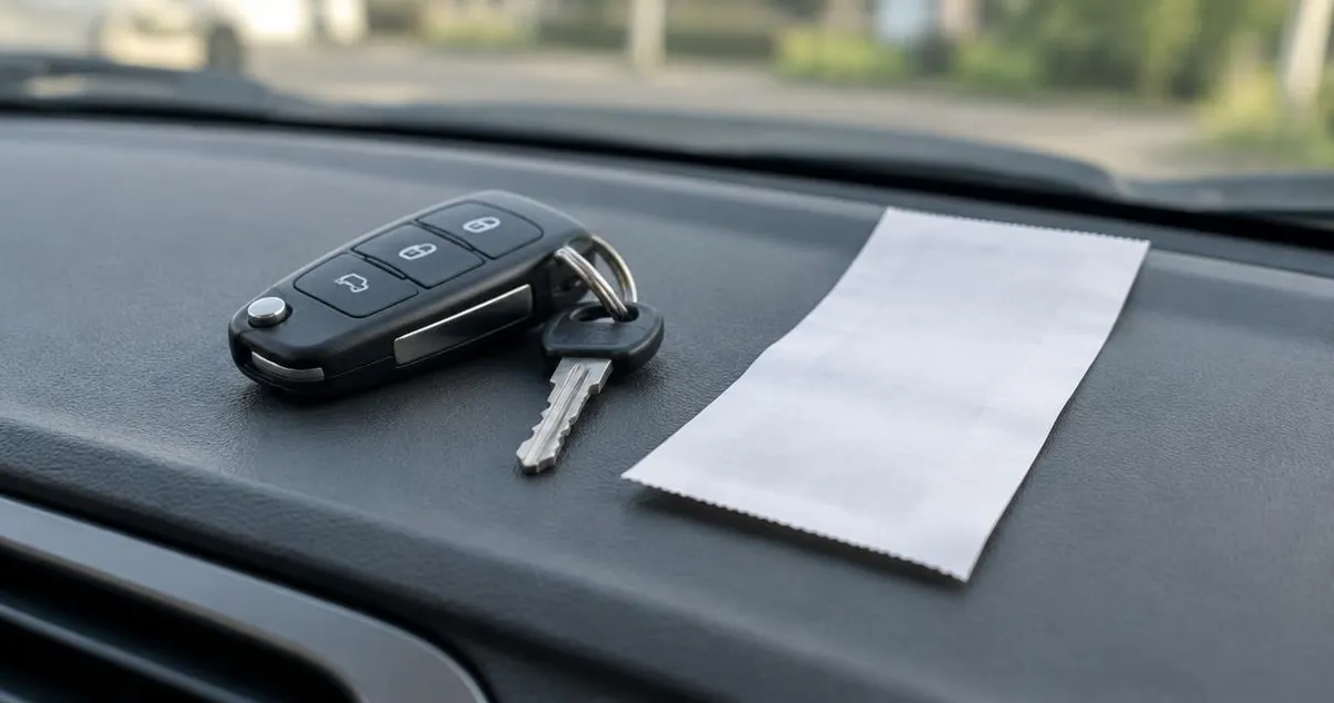 Bonnetje en autosleutels op een dashboard, eenvoudig en scherp