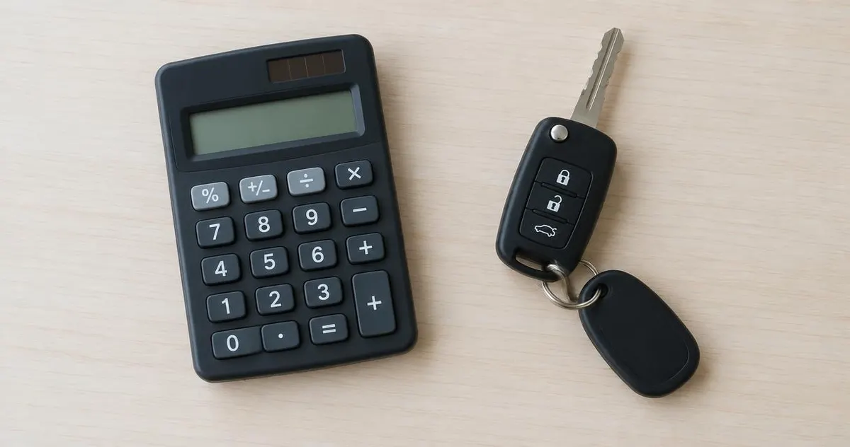 Smartphone met een rekenmachine-app naast autosleutels