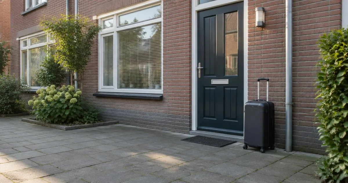 Lege stoep voor een huis in de ochtend met een koffer bij de deur