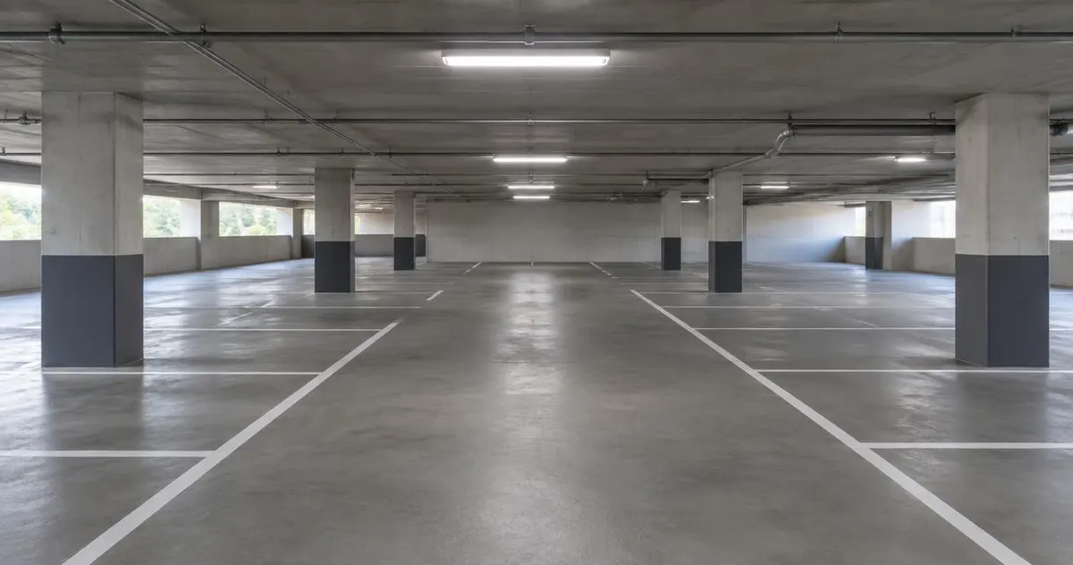 Lege parkeergarage met genummerde vakken en betonnen pilaren