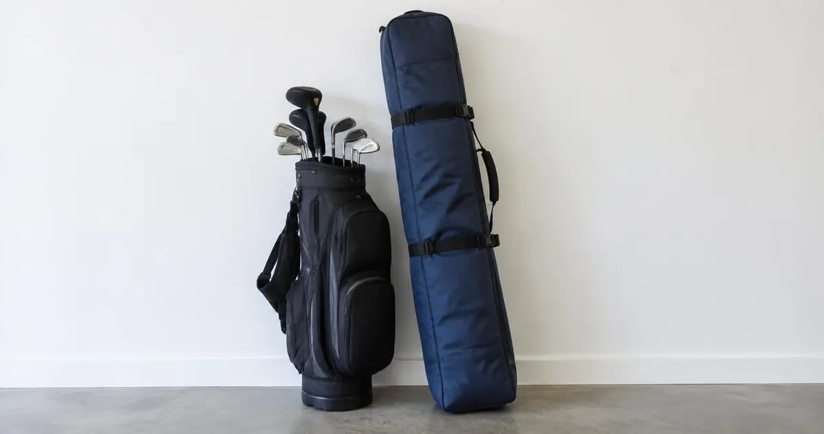 Golftas en skitas naast elkaar tegen een witte muur