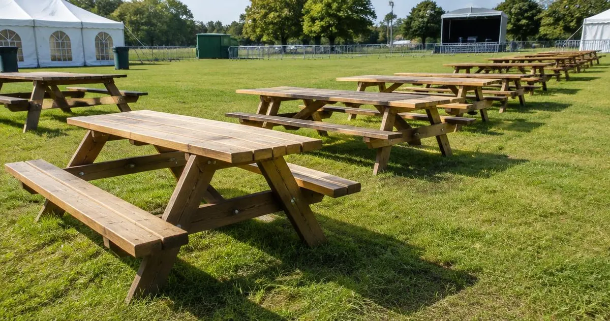 Rij lege picknickbanken op een grasveld bij een evenemententerrein