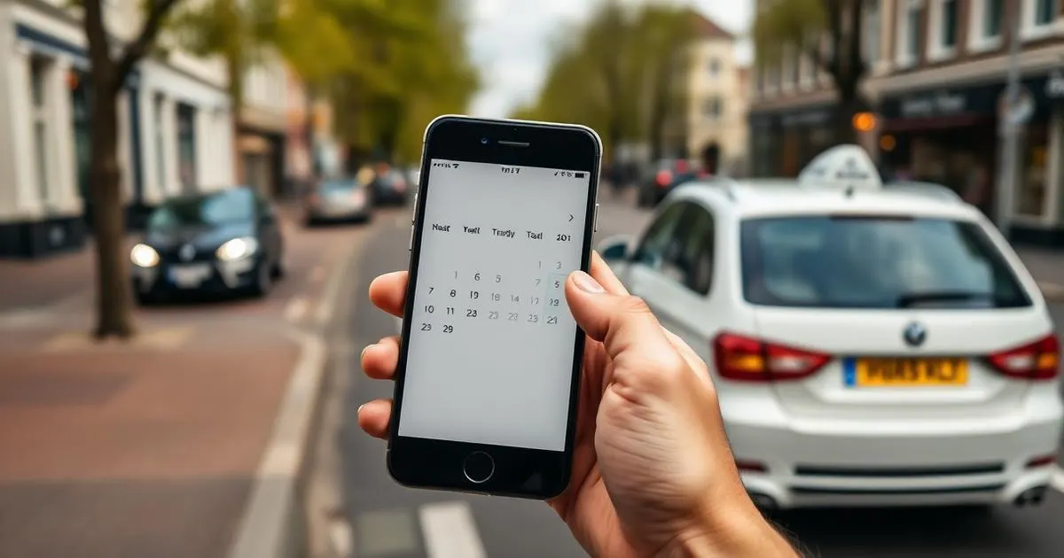 Hoe lang van tevoren een taxi reserveren Smartphone met agenda in de hand terwijl een taxi in een Nederlandse straat wacht