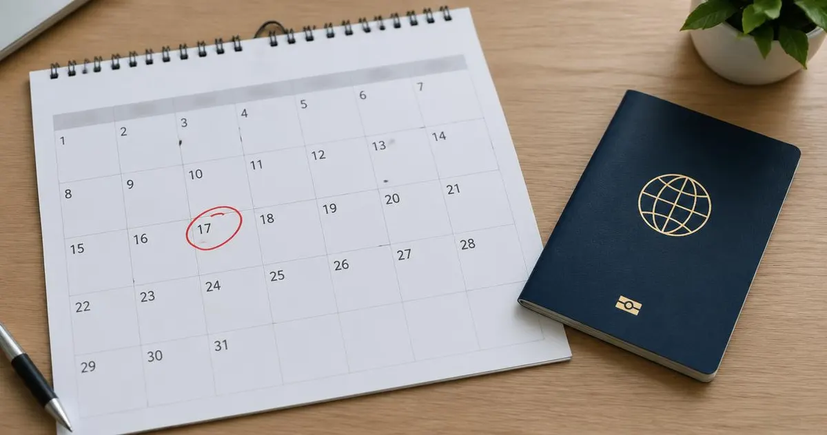 Hoe lang van tevoren moet je een taxi naar Schiphol boeken? Papieren kalender met een omcirkelde datum en een paspoort ernaast
