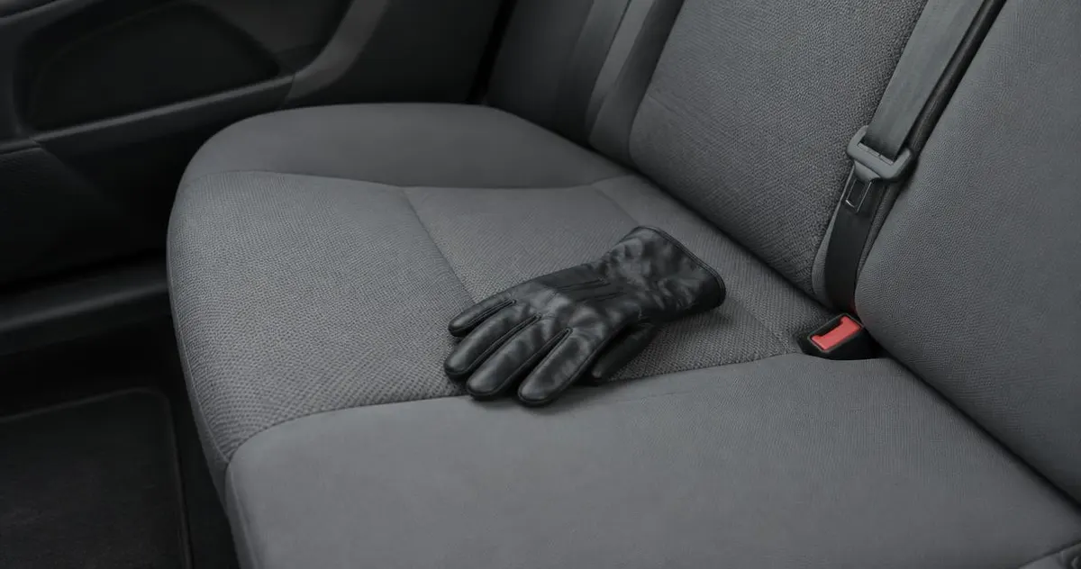 Zwarte handschoen op een lege achterbank van een auto