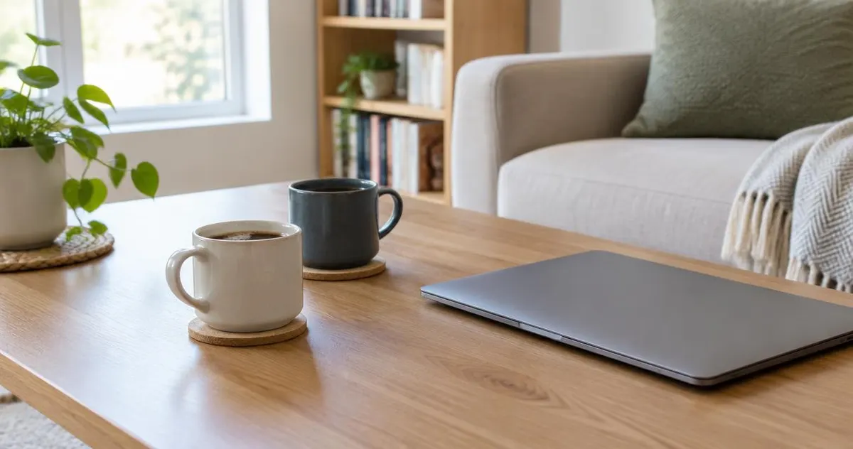 Twee koffiekopjes en een laptop op een tafel, rustig interieur