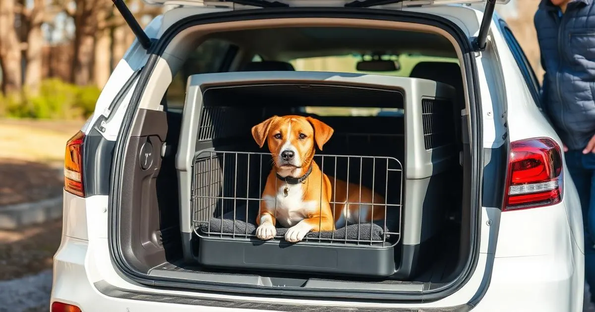 Met huisdieren in de taxi Hond in een reisbench in de achterbak van een witte stationwagen