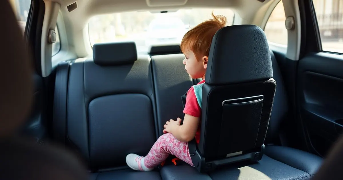 Met kinderen in de taxi Kind vastgezet in een zitverhoger op de achterbank van een taxi