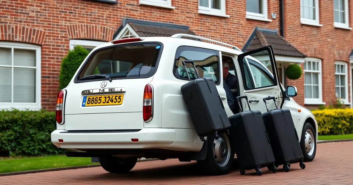 Met veel bagage naar het vliegveld Chauffeur laadt grote koffers in een witte taxi bij een Nederlandse woning