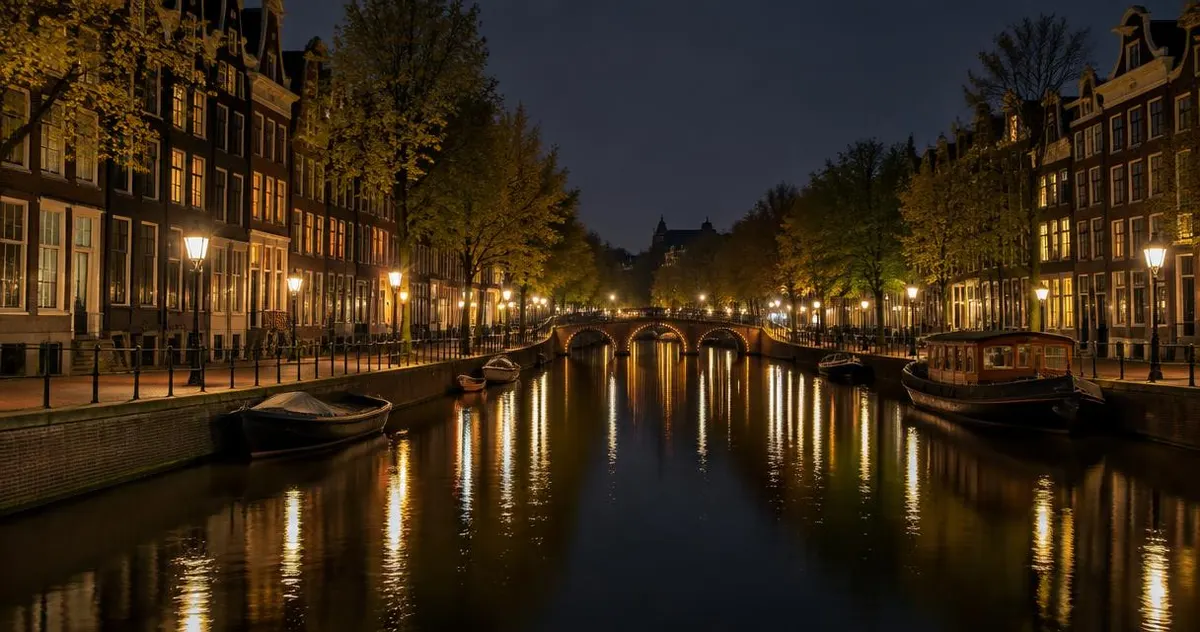 Verlichte stadsgracht 's nachts met weerspiegelende lantaarns