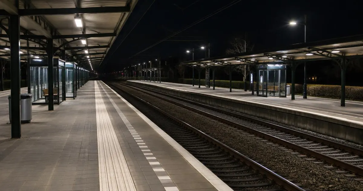 Perron van een station 's avonds zonder reizigers