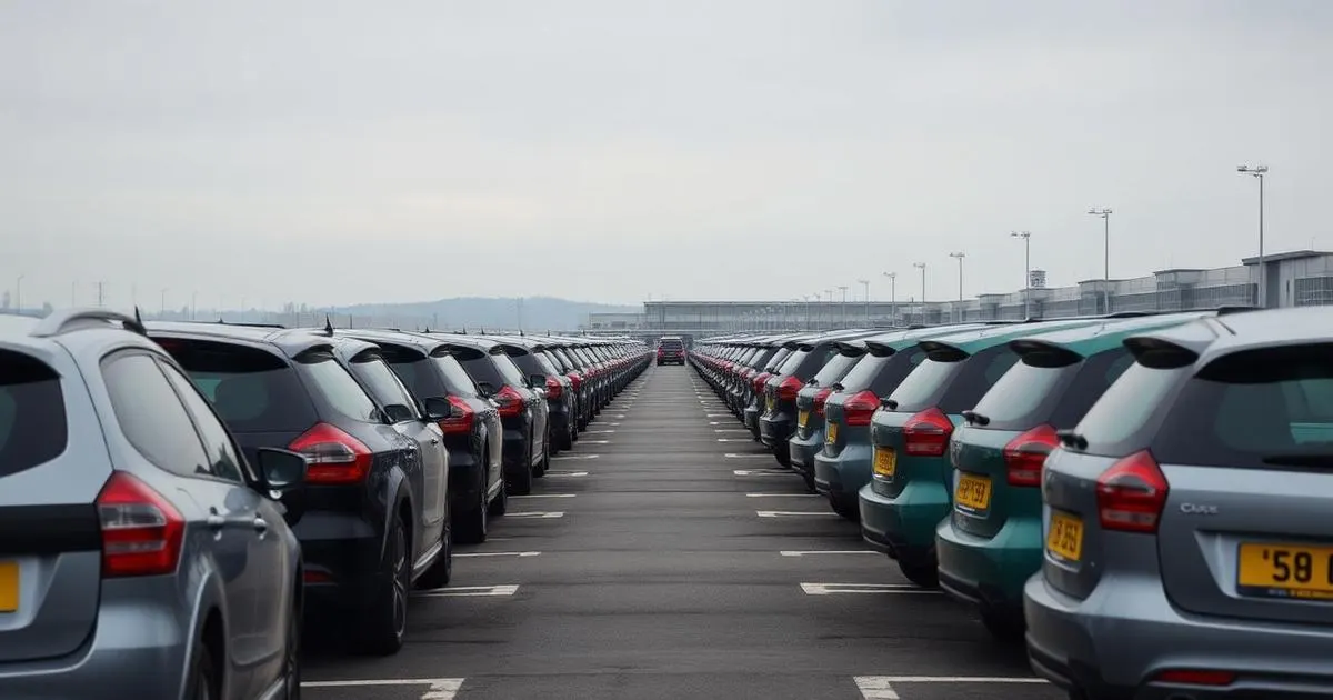 Parkeren bij het vliegveld of taxi nemen Rijen geparkeerde auto's met gele kentekens op een Nederlands langparkeerterrein
