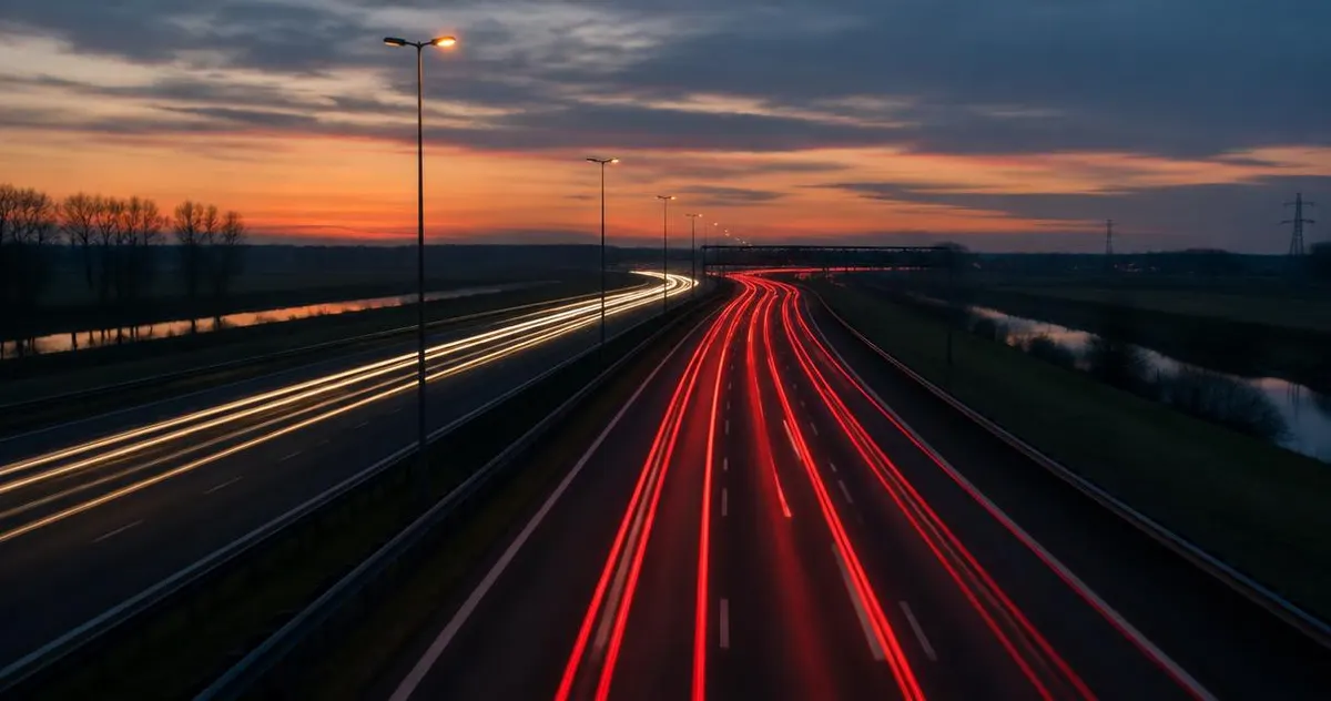 Drukke snelweg met rode achterlichten in de avondschemering