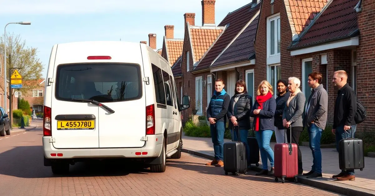Reizen met een groep Groep reizigers met koffers naast een witte taxibus met geel kenteken
