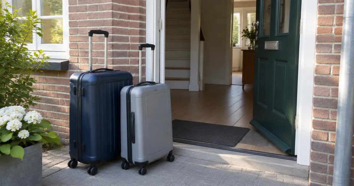 Twee rolkoffers bij een voordeur, klaar voor vertrek