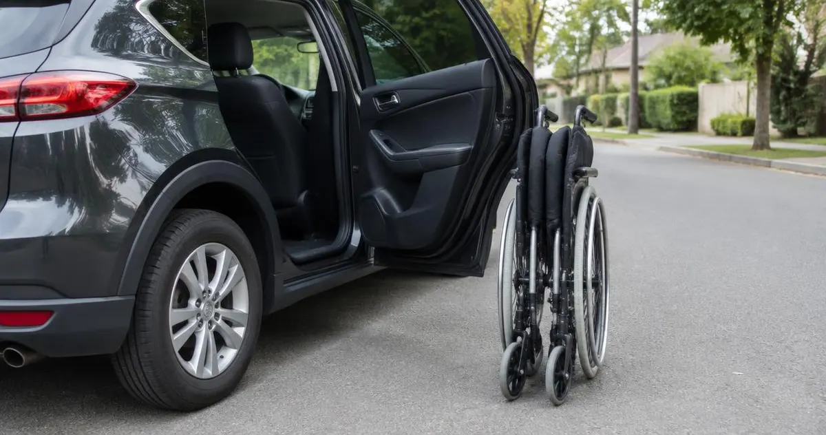 Opgevouwen rolstoel naast een geopende autodeur, rustig beeld
