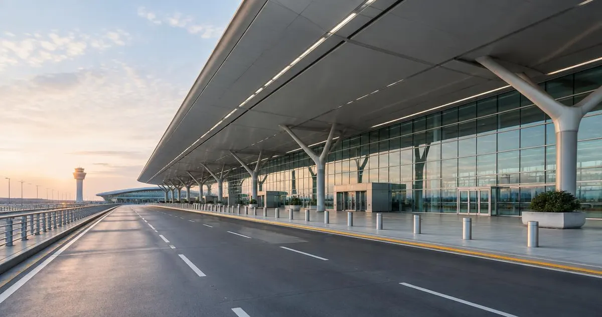Schiphol-achtige terminal van buiten met een lange overkapping, geen personen in focus