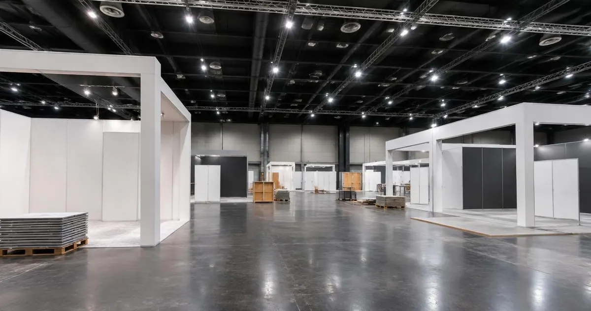 Hoe regel je een taxi naar een beurs, congres of het ABN AMRO Open in Ahoy? Lege beurshal met stands in aanbouw en hoge plafondlampen