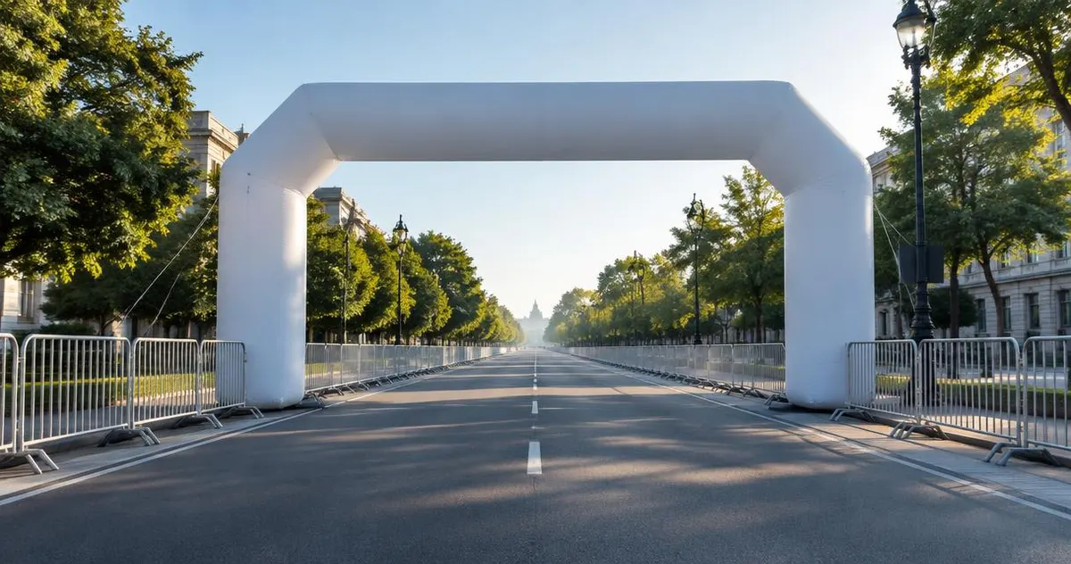 Brede lege boulevard met startboog-frame en dranghekken in de ochtend