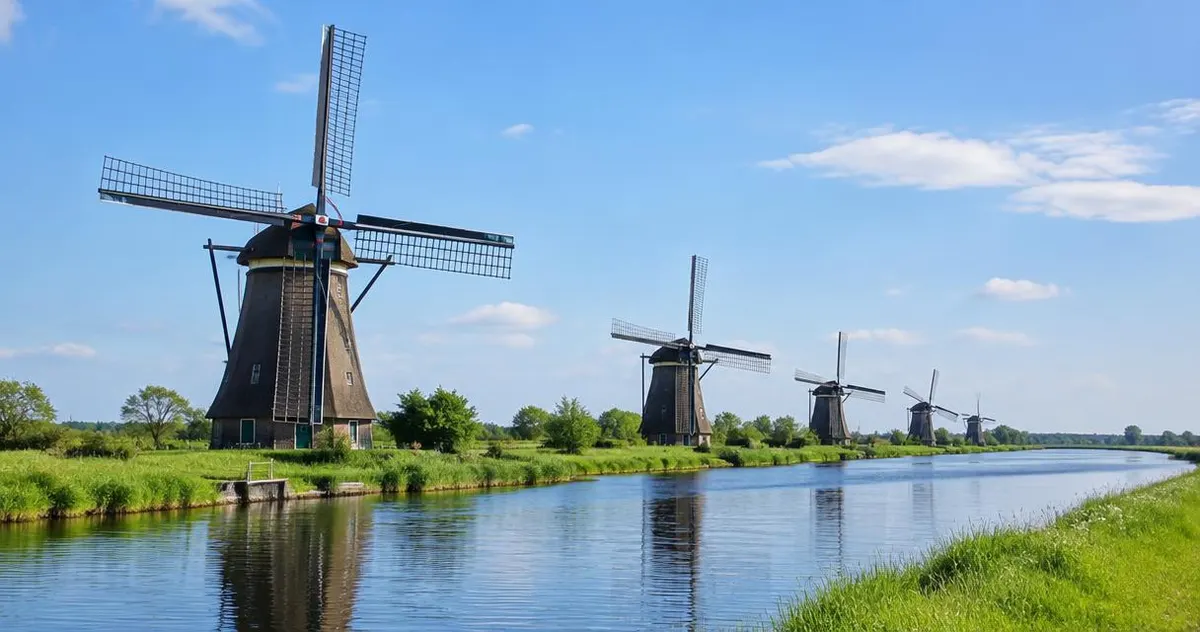 Kun je een taxi reserveren voor een dagje uit of meerdere bestemmingen? Molens langs het water in een Hollands landschap op een zonnige dag