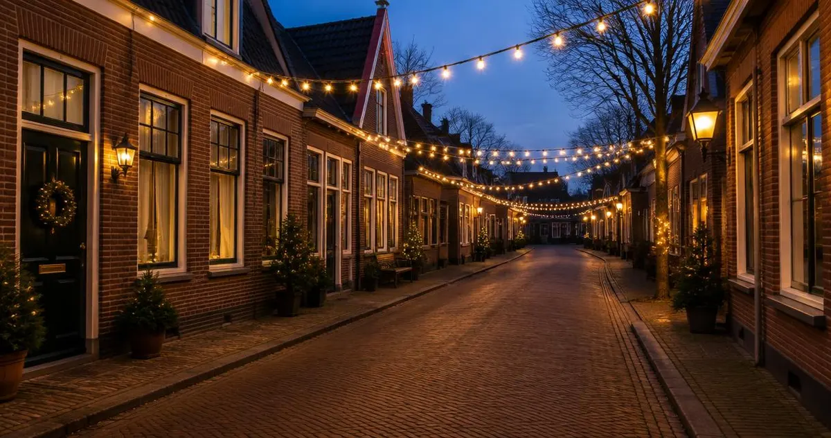 Rustige straat met kerstverlichting in de avond, zonder mensen