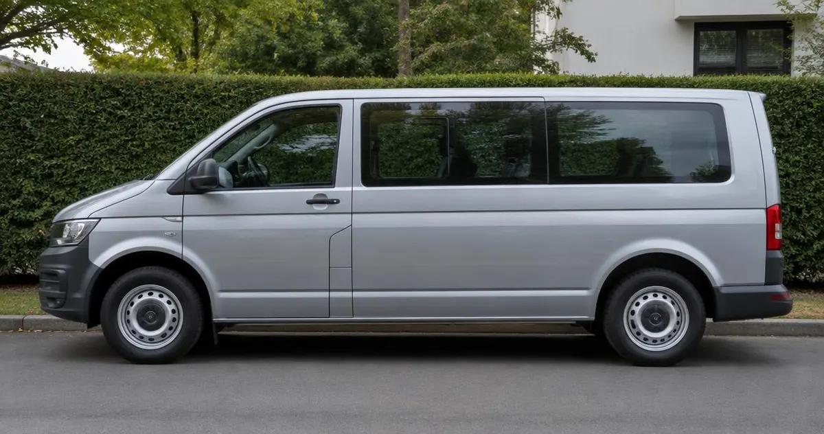 Wat is het verschil tussen een taxi voor één persoon en een taxi voor een groep? Ruim zilvergrijs busje van opzij geparkeerd, zonder kenteken in beeld