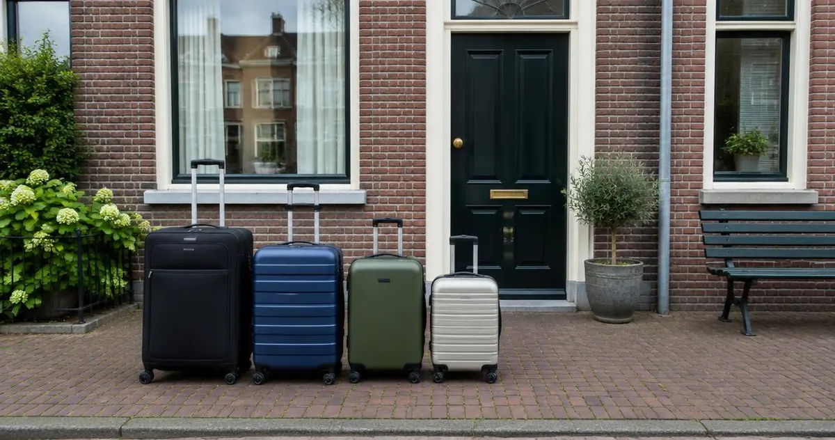 Four rolling suitcases side by side on a pavement in front of a terraced house
