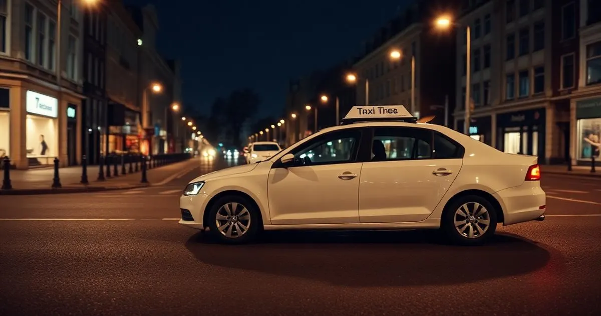 Taxi in de nacht Witte taxi op een verlaten Nederlandse straat bij nacht met natte weg