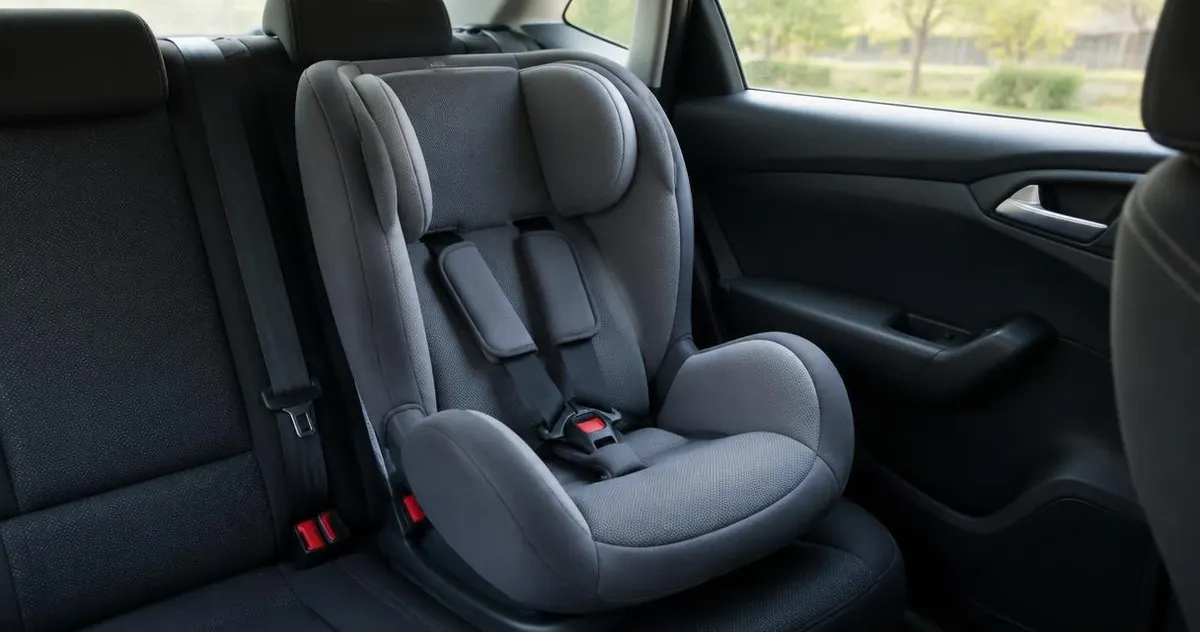 Leeg kinderzitje op de achterbank van een auto, zacht licht