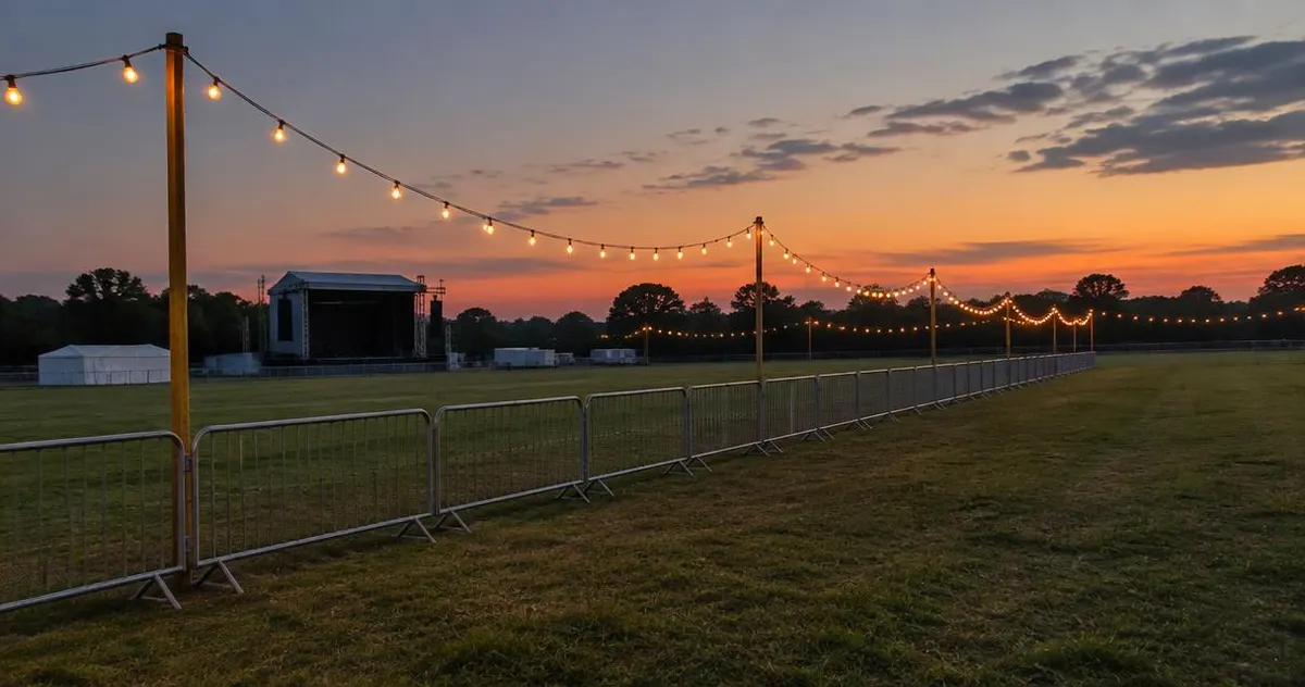 Leeg festivalterrein in de schemering met lichtslingers en een hekwerk