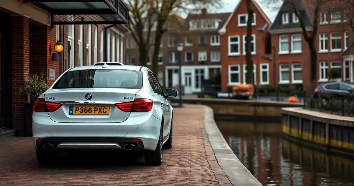 Taxi naar een hotel met vaste prijs Witte taxi met geel kenteken bij een hotel aan een Nederlandse gracht