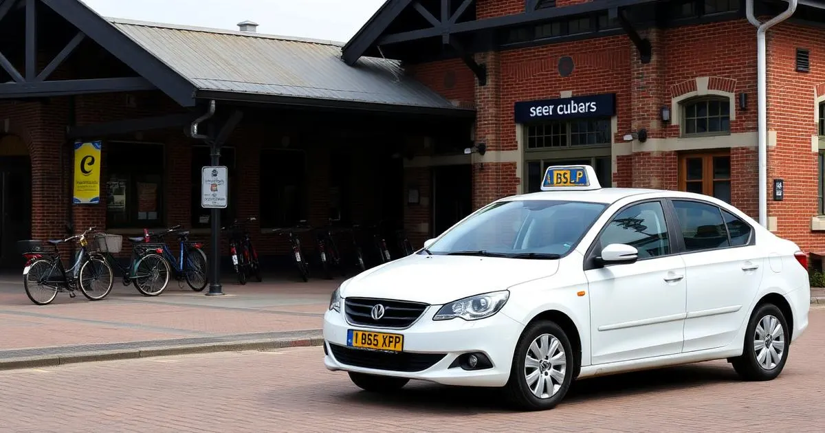 Taxi naar een station met vaste prijs Taxi met geel kenteken voor een Nederlands treinstation met fietsen ervoor