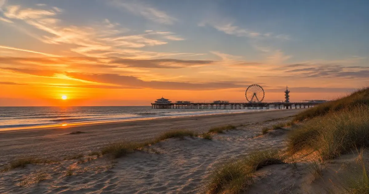 Strand en duinen bij zonsondergang met pier en reuzenrad in de verte
