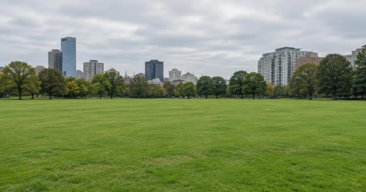 Hoe kom je met een taxi naar een groot evenement in Den Haag, zoals op het Malieveld? Groot leeg grasveld in een stad met bomen en gebouwen op de achtergrond